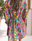 Abstract Lantern Sleeve Buttoned Mini Dress