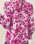 Floral Print Flounce Sleeve Keyhole Back Blouse