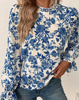 Floral Print Flounce Sleeve Keyhole Back Blouse