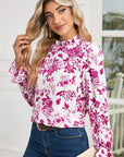 Floral Print Flounce Sleeve Keyhole Back Blouse