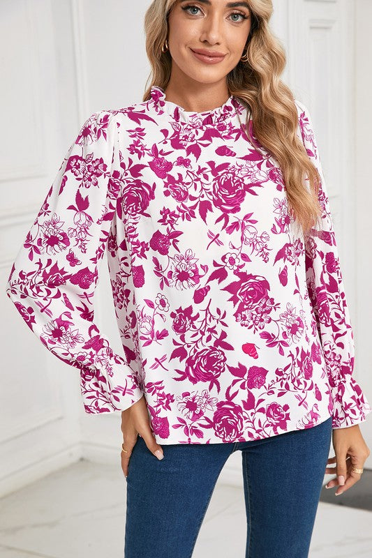 Floral Print Flounce Sleeve Keyhole Back Blouse