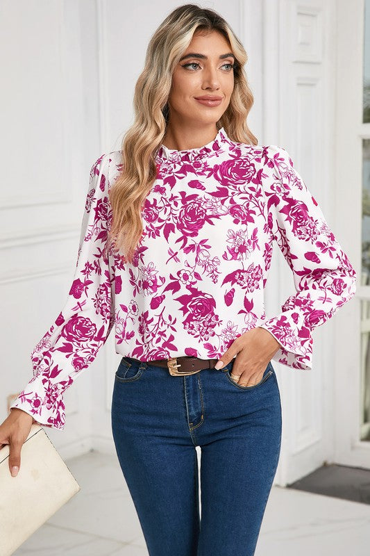 Floral Print Flounce Sleeve Keyhole Back Blouse