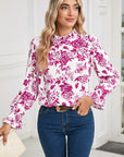 Floral Print Flounce Sleeve Keyhole Back Blouse