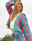 Two-Tone Floral Square Crochet Open Knit Cardigan