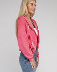 Acid Wash Fleece Cropped Zip-Up Hoodie