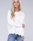 Double Gauze Oversized 3/4 Button Henley Neck Top