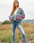 Two-Tone Floral Square Crochet Open Knit Cardigan