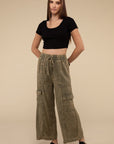 Washed Linen Elastic Band Waist Cargo Pants