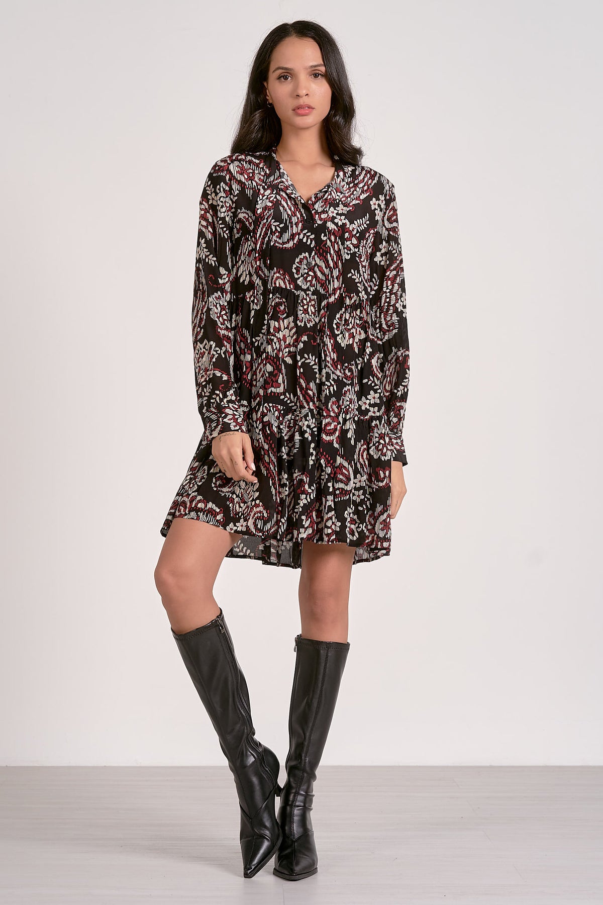 Black Paisley Long Sleeve Dress