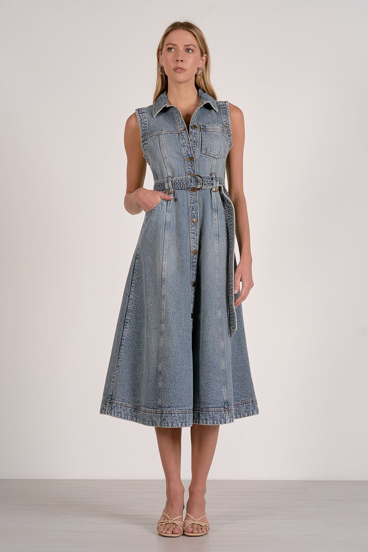 ELAN | Belted Denim Midi Dress