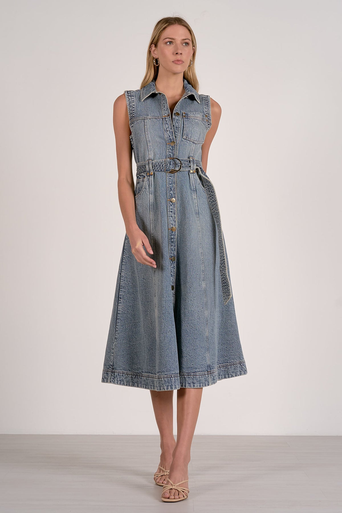ELAN | Belted Denim Midi Dress