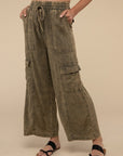 Washed Linen Elastic Band Waist Cargo Pants