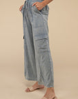 Washed Linen Elastic Band Waist Cargo Pants