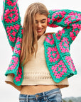 Two-Tone Floral Square Crochet Open Knit Cardigan