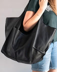 Oversized Vegan Tote- Blk