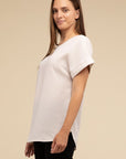 Woven Heavy Dobby Rolled Sleeve Boat Neck Top