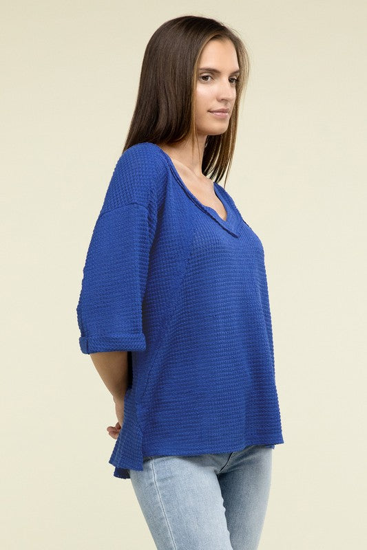 Brushed Waffle Exposed-Seam 3/4 Sleeve Top