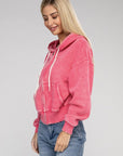 Acid Wash Fleece Cropped Zip-Up Hoodie