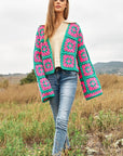 Two-Tone Floral Square Crochet Open Knit Cardigan