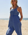 Washed Multi Smocked Detail Tie Straps Jumpsuit