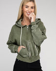 Acid Wash Fleece Cropped Zip-Up Hoodie