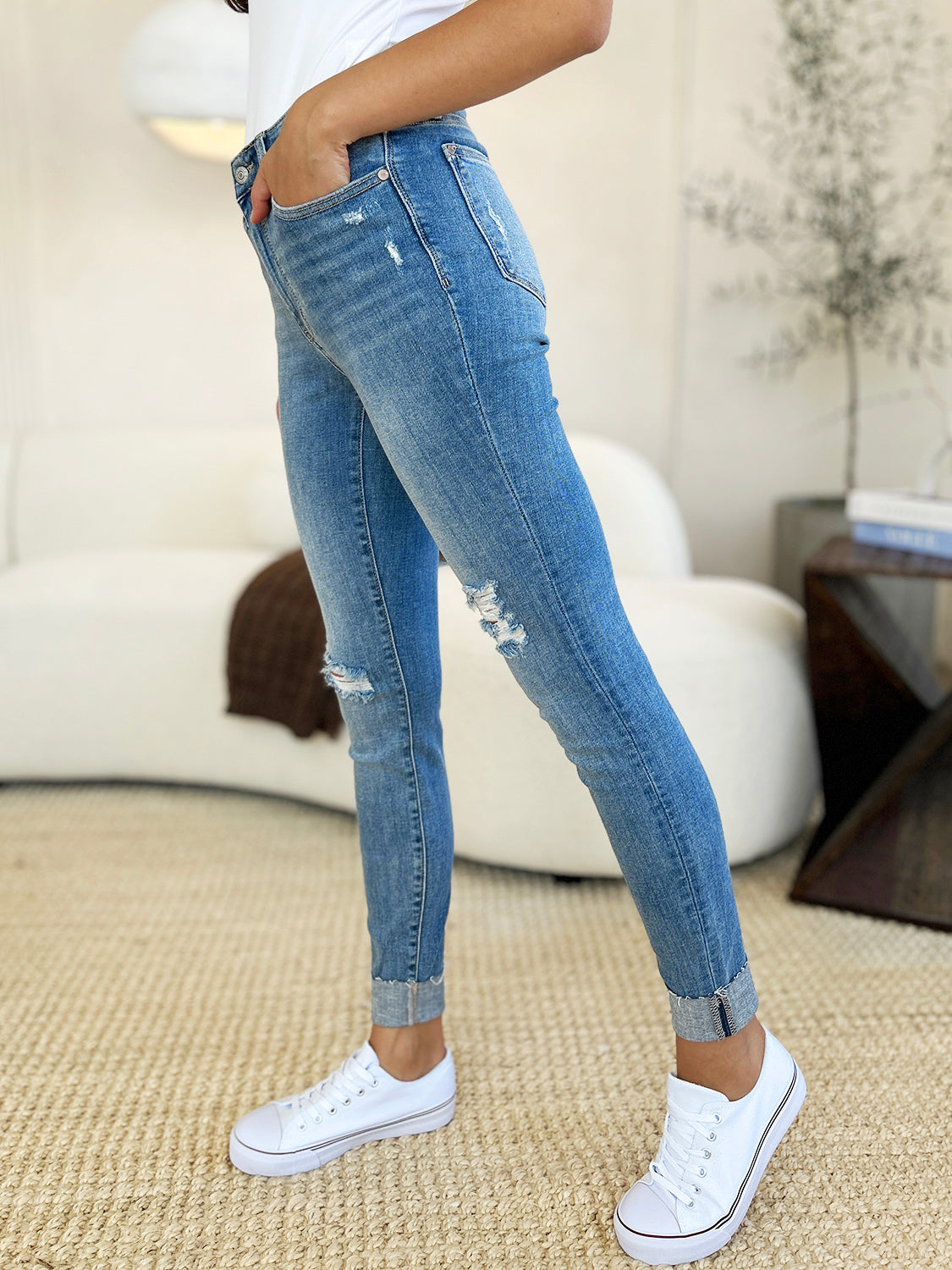 Judy Blue Mid Rise Cuff Skinny Jeans