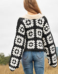 Two-Tone Floral Square Crochet Open Knit Cardigan