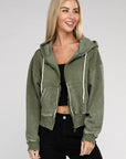 Acid Wash Fleece Cropped Zip-Up Hoodie