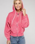 Acid Wash Fleece Cropped Zip-Up Hoodie