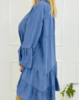 Notched Flare Sleeve Denim Dress