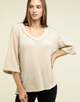 Brushed Waffle Exposed-Seam 3/4 Sleeve Top