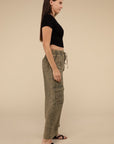 Washed Linen Elastic Band Waist Cargo Pants