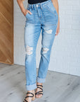 Aiden High Rise Patch Pocket Distressed Boyfriend Jeans