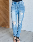 Aiden High Rise Patch Pocket Distressed Boyfriend Jeans