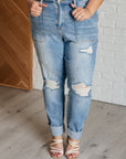 Aiden High Rise Patch Pocket Distressed Boyfriend Jeans