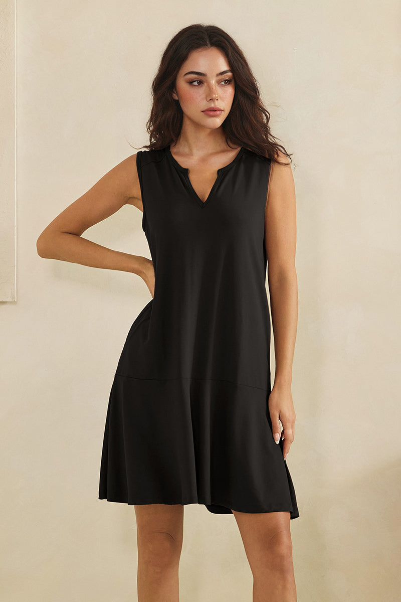 Effortless Flow Sleeveless Split Neck flounce hem Peach Skin Dress