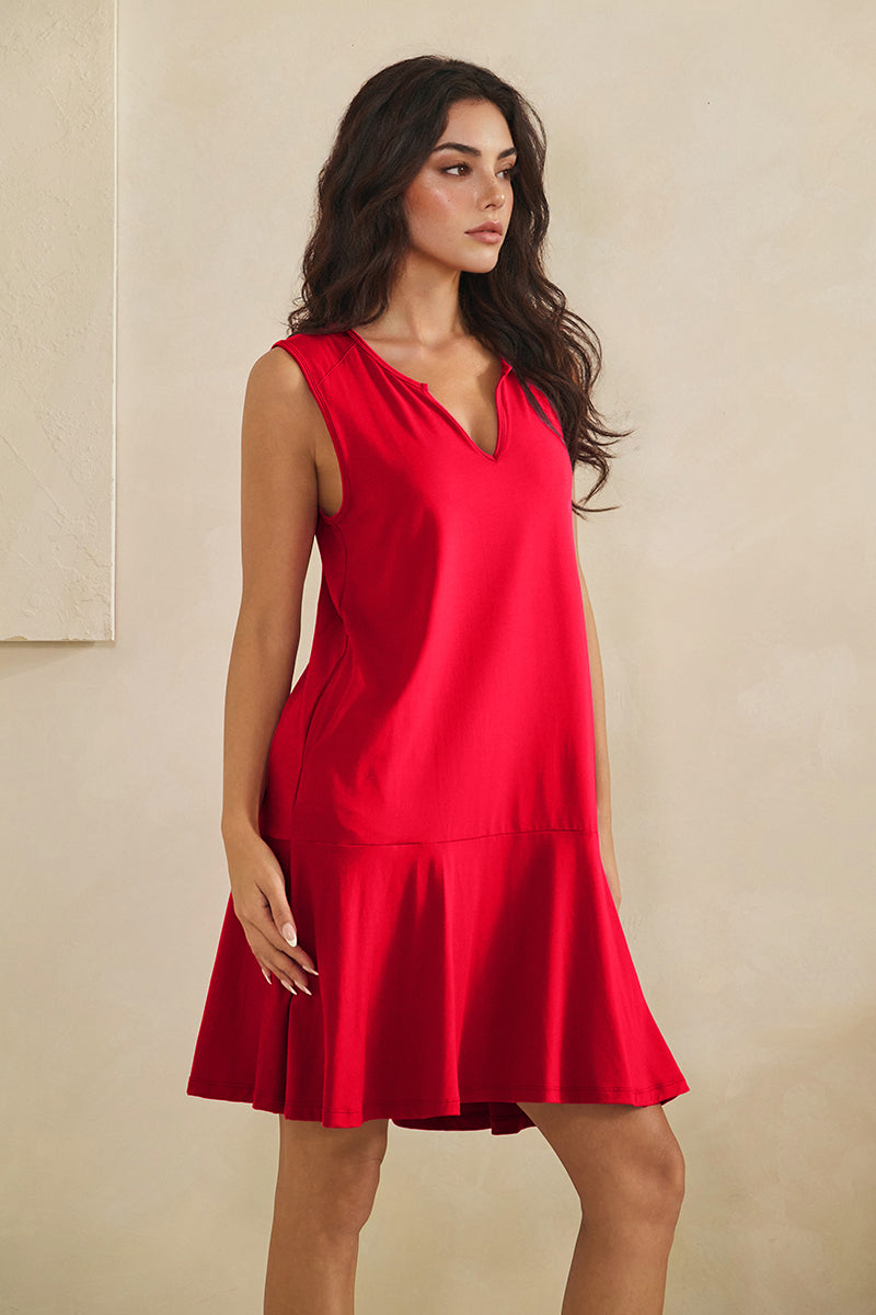Effortless Flow Sleeveless Split Neck flounce hem Peach Skin Dress