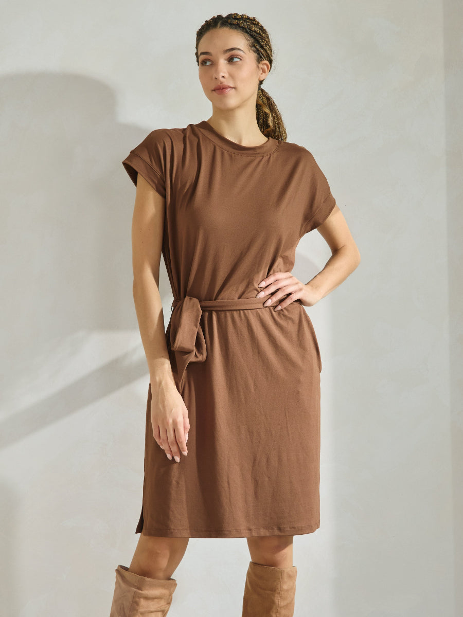 Peach Skin Belted Shirt Dress