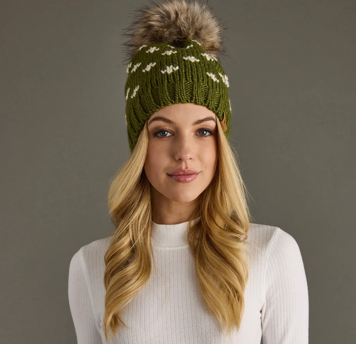 Olive Fleur-de-Lis Knit Pom Beanie 🤍