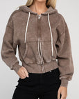 Acid Wash Fleece Cropped Zip-Up Hoodie