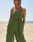 Washed Multi Smocked Detail Tie Straps Jumpsuit