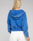 Acid Wash Fleece Cropped Zip-Up Hoodie