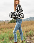 Two-Tone Floral Square Crochet Open Knit Cardigan