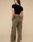 Washed Linen Elastic Band Waist Cargo Pants