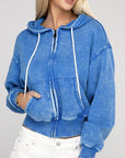 Acid Wash Fleece Cropped Zip-Up Hoodie