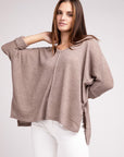 3/4 Sleeve V-Neck Hi-Low Hem Jacquard Sweater