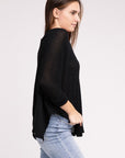 3/4 Sleeve V-Neck Hi-Low Hem Jacquard Sweater